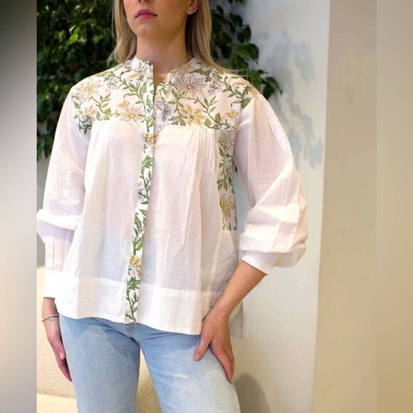 HANNAH Artwear Eos Floral Long Sleeve Cotton Blouse Top in Limoncello Sz US 4 - Picture 2 of 16